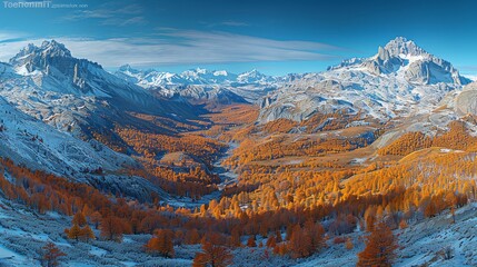 Poster -   A snowy mountain range with orange trees in the foreground and a blue sky in the background