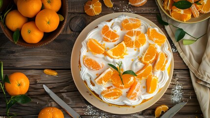 Wall Mural - Homemade mandarin orange sponge cake with orange jelly and pulp on wooden table in top view Homemade bakery for cafe 