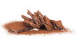 Broken chocolate bars with cocoa powder isolated on a white background. Chocolate bars with chopped nuts.