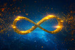 Yellow infinity symbol sign with golden confetti against glowing blue background, representing support and celebration for World Autism Awareness Day and the autism rights movement.