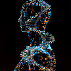 Poster - A woman's face is made of glass beads and is lit up with a blue and orange glow