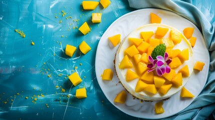 Wall Mural - Delicious glazed mango no baked cheese cake with fresh diced mango pulp topping on bright table background