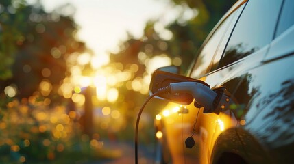 EV Car or Electric car at charging station with the power cable supply plugged in on blurred nature with soft light background. Eco-friendly alternative energy concepta