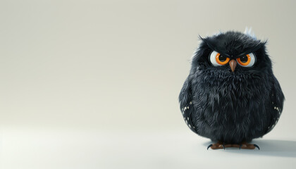 three dimensional render a fluffy black owl with piercing orange eyes digital art