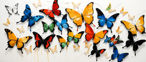 Poster - Colorful 3d painting of swarming butterflies in front of white background