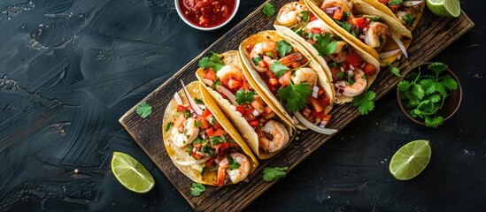 Wall Mural - Shrimp tacos served with homemade salsa, limes, and parsley arranged on a wooden board against a dark background. Overhead view with space for text. Inspired by Mexican culinary traditions.