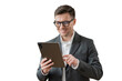 © muse studio - A male manager and a tablet, a positive one with glasses, an office employee working, a cut-out background