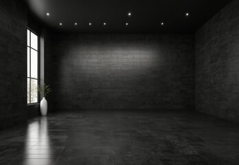 Wall Mural - 3d rendering of empty black room and tile floor for background.. Very realistic, 8k quality, hyper realistic, ultra realism
