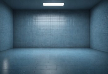 Wall Mural - 3d rendering of empty blue sad dark room and tile floor for background.. Very realistic, 8k quality, hyper realistic, ultra realism
