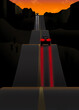 Cars drive  on an up and down ribbon of highway in the American southwest at sunset. This is a 3-d illustration about travel on dangerous roads.