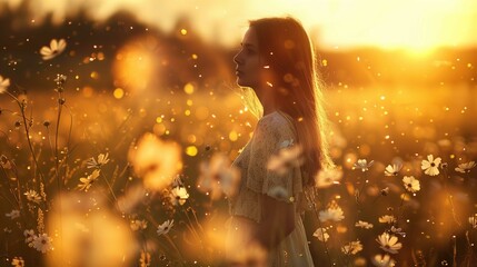 Wall Mural - The image features a young woman in profile, standing amidst a field of delicate white flowers during golden hour. The warm sunlight bathes the scene in a soft glow, illuminating the woman's face and 