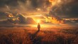 A solitary figure stands in a vast field of tall, golden grass under a dramatic sky. The sky is a spectacular display of clouds, with the sun breaking through to cast a warm, radiant light that bathes