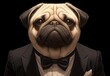 A pug dog dressed in a tuxedo and bow tie