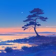 Tranquil Shoreline Setting Featuring a Windblown Pine Tree at Dusk