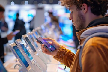 An individual explores a smartphone, testing its features amidst an array of gadgets in a technology shop's illuminated display
