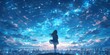 A little girl stands on the top of her city, gazing at an endless sky filled with stars and galaxies, as if she is standing in another world. 