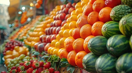 Wall Mural - Exotic fruits and vegetables piled high at a market, 4k, ultra hd