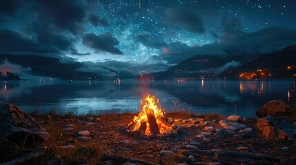 Sticker - A cozy campfire crackling under a starry night sky, 4k, ultra hd