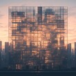 Illuminating Corporate City Scene: Tall Skyscraper with Reflective Windows in Sunset's Hues
