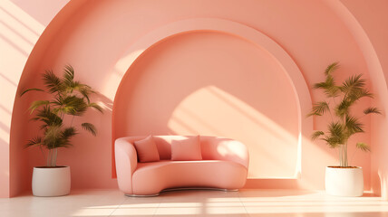 Minimalist interior living room natural light, stylish pink sofa, two potted palm plants, architectural design with soft curves and arches, painted walls in pink or peach hue, monochromatic atmosphere