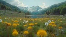   A Field Teeming With Yellow Dandelions Lies Before A Mountaineous Backdrop, Featuring A Serene Lake And Snow-capped Peaks