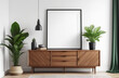 Blank poster frame mockup on white wall living room with wooden sideboard and green plant
