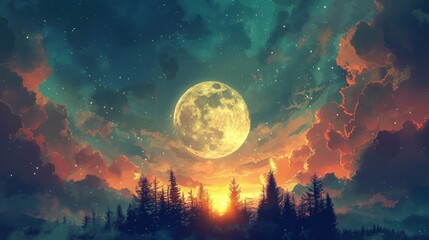 Canvas Print - A full moon is shown in the sky over a forest, AI