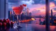 Cosmopolitan with a cranberry hue, in a frosted glass, city skyline background
