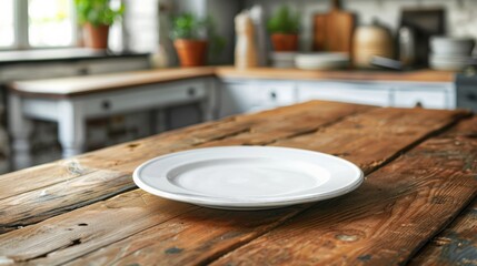 Poster - A white plate sitting on a wooden table in the kitchen, AI