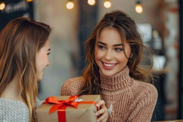 Smiling lady holding a gift box engages in a pleasant conversation with a friend at a cafe