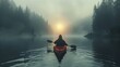 Solo kayaker on a calm river, foggy morning, reflective water, peaceful