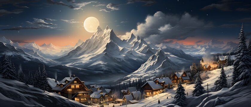 Winter mountain village panorama at night with full moon and cloudy sky