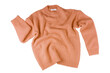 © katyamaximenko - Orange flying crumpled women's autumn knitted sweater isolated on white, transparent background. Creative clothing concept, trendy cozy creasy jersey pullover. Fashion, sale, autumn discount