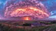   A large cloud with a lightning bolt originating from its center, encircled by expanses of green fields, and a red barn in the vicinity