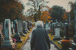Elderly person walking through a cemetery. Cemetery is visited by elderly people. Generative AI
