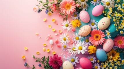 Poster - Celebrating Easter with eggs and flowers on a colored table Colorful naturally dyed eggs create a festive background from a top down perspective with space for text