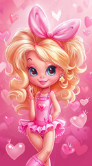 Poster - A cartoon girl with a pink dress and big hair, AI