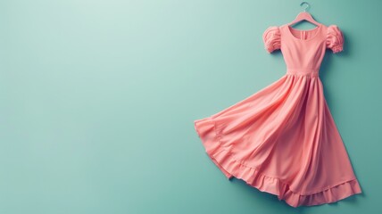 pink dress hanging on blue wall background