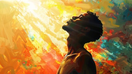 Wall Mural - African american man in worship on abstract, warm, colorful background with sun. Digital oil painting
