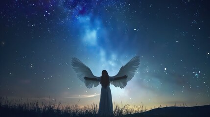 Fantasy woman angel soars in the air with white huge bird wings. Ghost girl in levitation flies. Dark night background, magical light. Lady goddess in white dress, fabric waving fluttering in motion