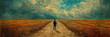 A painting depicting a person walking along a dirt road