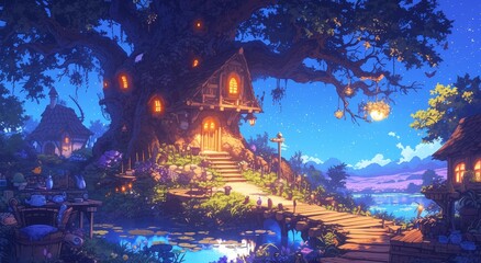 Poster - A whimsical treehouse nestled in the branches of an ancient oak, surrounded by twinkling fairy lights and shimmering stars, with vibrant colors 