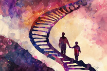 A Man And A Child Are Seen Walking Up A Spiral Staircase In A Painting