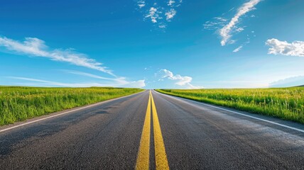 Empty country road with vibrant blue sky and lush green fields under sunlight