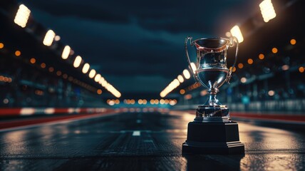 Trophy on illuminated racing track at dusk