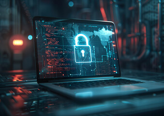 notebook with a blue padlock on the screen, a padlock representing tecnology information security, i
