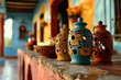 traditional mexican pottery on vibrant colonial porch