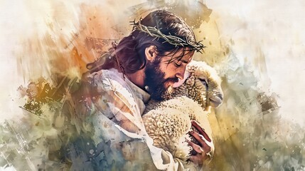 Wall Mural - Illustration of Jesus Christ holding a lamb. Digital watercolor