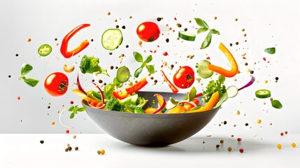 Poster - Fresh salad ingredients tossed in the air with vibrant colors. Healthy, organic food concept, full of nutrients. Perfect for culinary blogs and recipe websites. AI