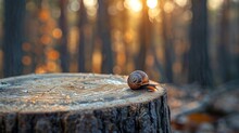 Close Up Of Snail Crawling On Tree Stump In Forest, Speeded Up Movement For Captivating Visuals